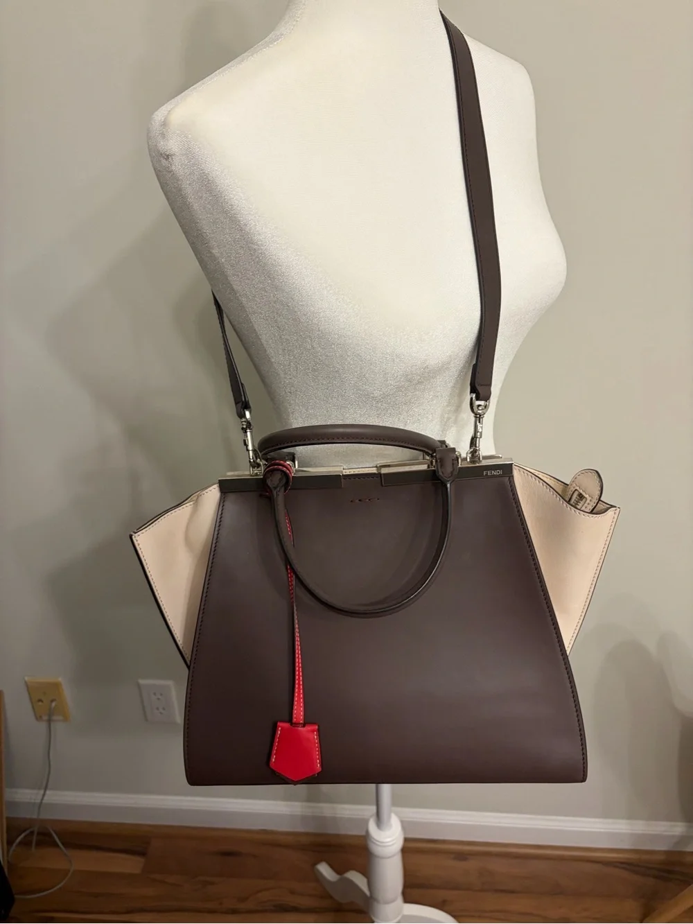 **FENDI** 3Jours LARGE Brown Colorblock Leather Top-Handle Bag with Red Accent